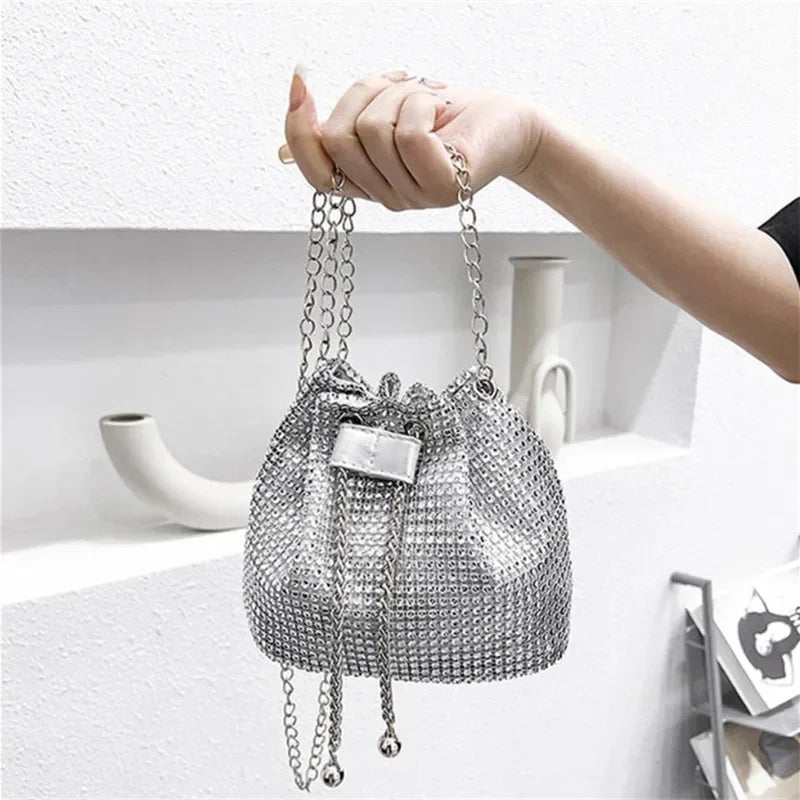 Rhinestone Bucket Crossbody Bag with Detachable Chain Strap