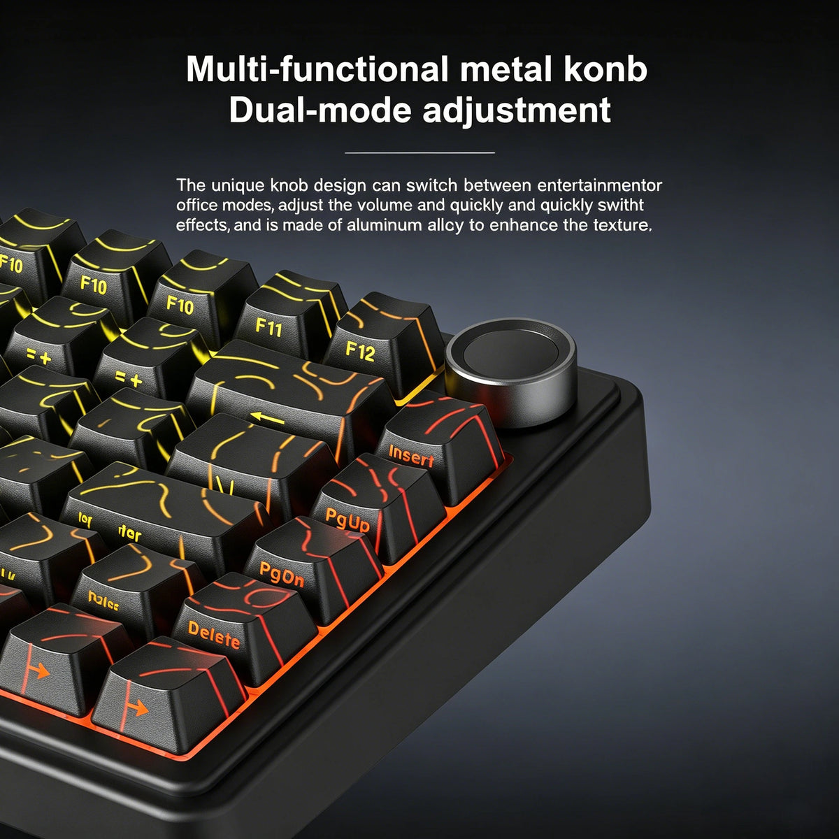 Close-up view of a multi-functional metal knob on a black mechanical keyboard with various function keys visible.