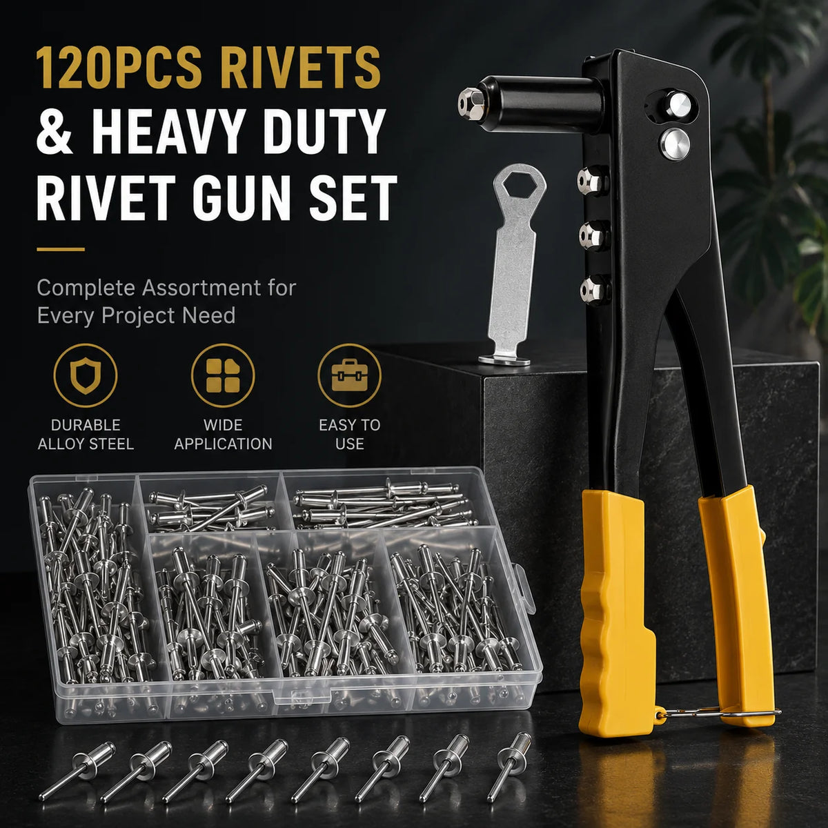 A black rivet gun set with 120 rivets and a clear plastic box of metal rivets is displayed on a dark surface.