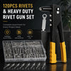 A black rivet gun set with 120 rivets and a clear plastic box of metal rivets is displayed on a dark surface.