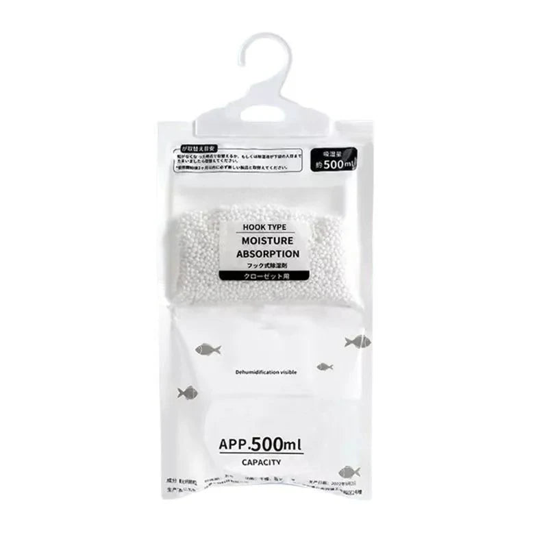 A clear plastic bag of moisture absorption packets with a hook for hanging, labeled as 500ml capacity.