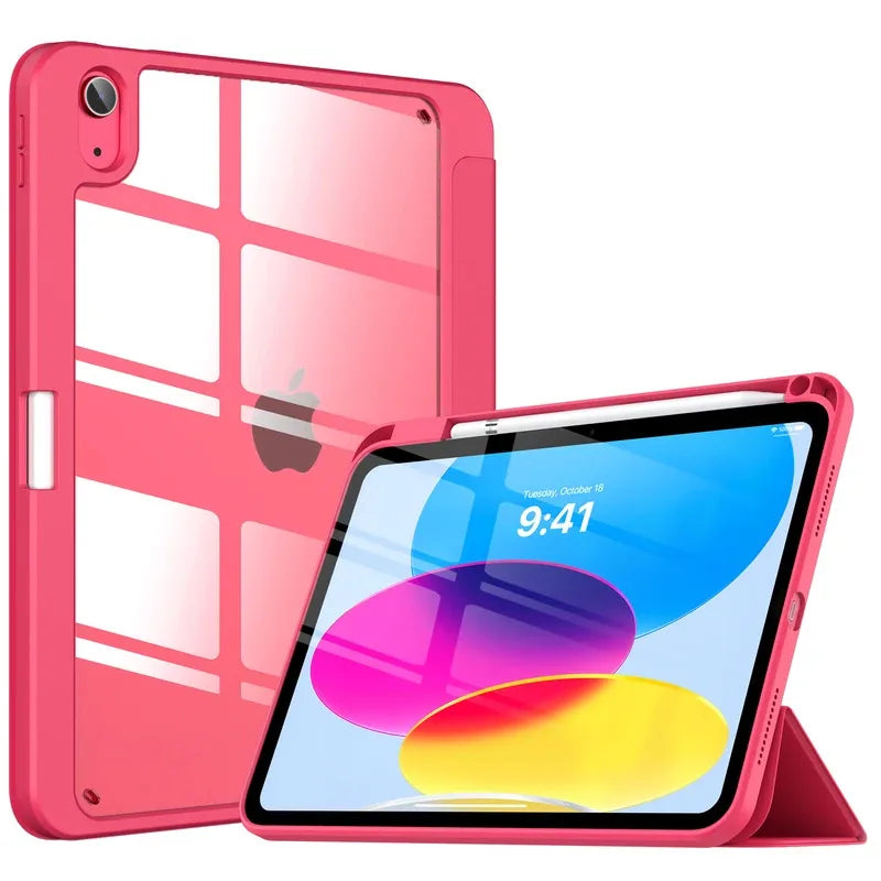 A pink slim tri-fold stand case for an iPad with a pencil holder displayed next to the tablet.