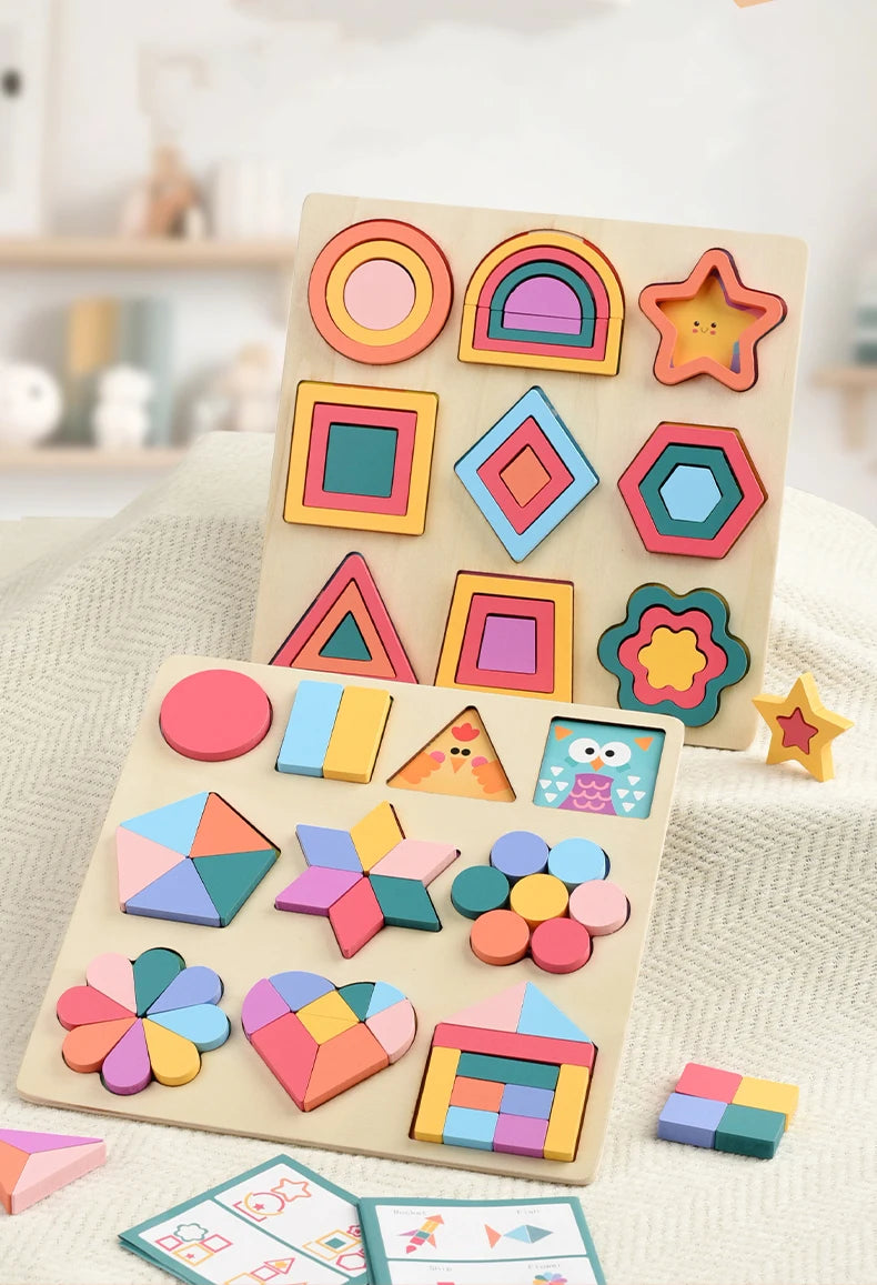 A wooden rainbow shape puzzle featuring colorful geometric pieces arranged in various patterns.