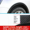 Carbon fiber wheel arch trim strips showing dimensions and installation context.