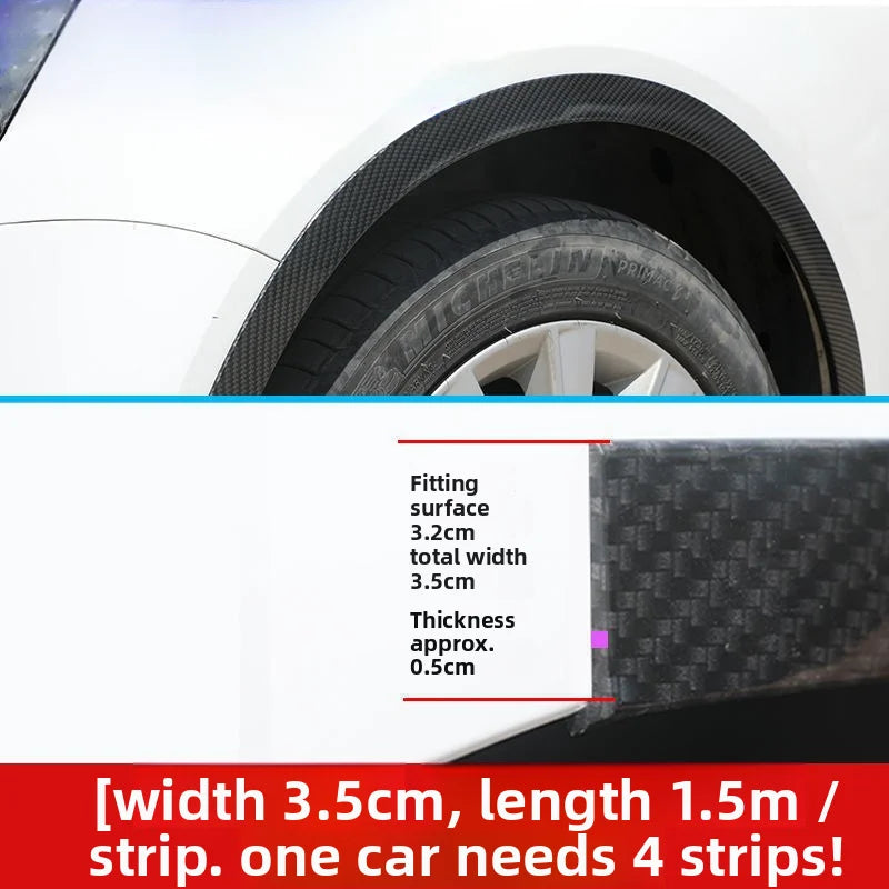 Carbon fiber wheel arch trim strips showing dimensions and installation context.