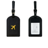 Black PU leather luggage tag with a gold airplane emblem and a white address field.