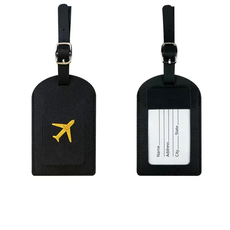Black PU leather luggage tag with a gold airplane emblem and a white address field.