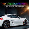 A white sports car is shown with orange rim protectors installed, emphasizing high temperature resistance.