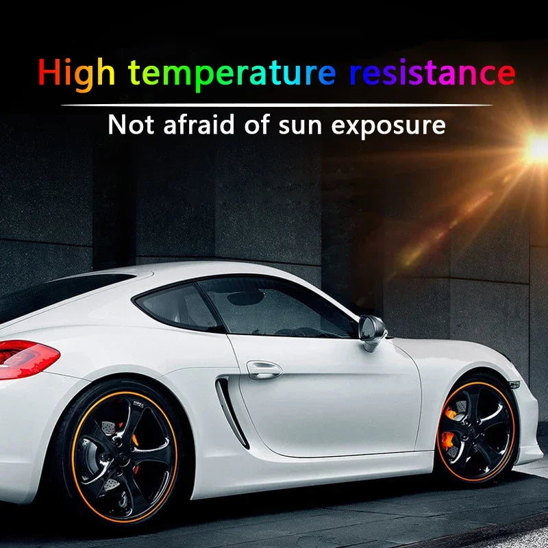 A white sports car is shown with orange rim protectors installed, emphasizing high temperature resistance.