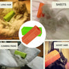 Silicone pet hair remover brush in green and orange colors shown with long hair, sheets, and a climbing frame.