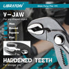 Close-up of a V-jaw water pump plier tool showing various jaw shapes and hardened teeth for gripping objects.