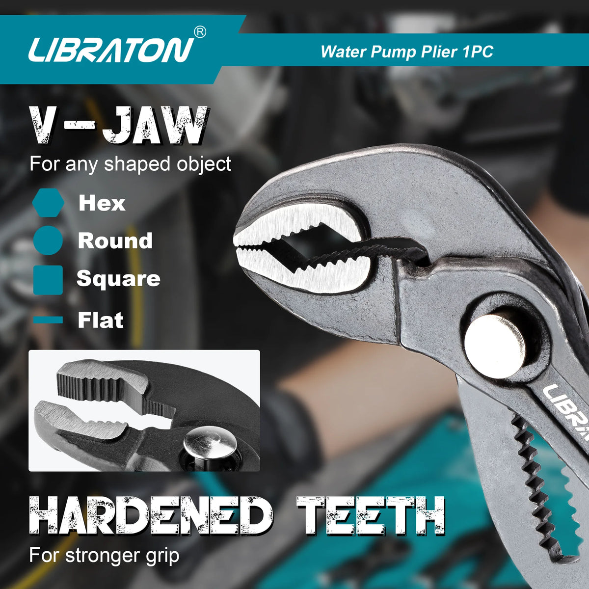Close-up of a V-jaw water pump plier tool showing various jaw shapes and hardened teeth for gripping objects.