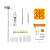 A set of watch band link remover and pin adjustment tools including a metal tool, a plastic tool, and an orange grid mold.
