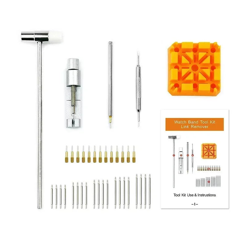 A set of watch band link remover and pin adjustment tools including a metal tool, a plastic tool, and an orange grid mold.