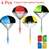 Four parachute toys in blue, red, yellow, and green colors shown with corresponding hand figures.