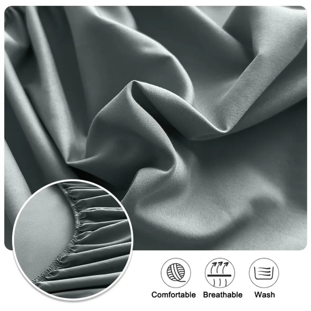 Close-up of a draped solid color fitted bed sheet showing pleats and texture, highlighting comfort, breathability, and washab
