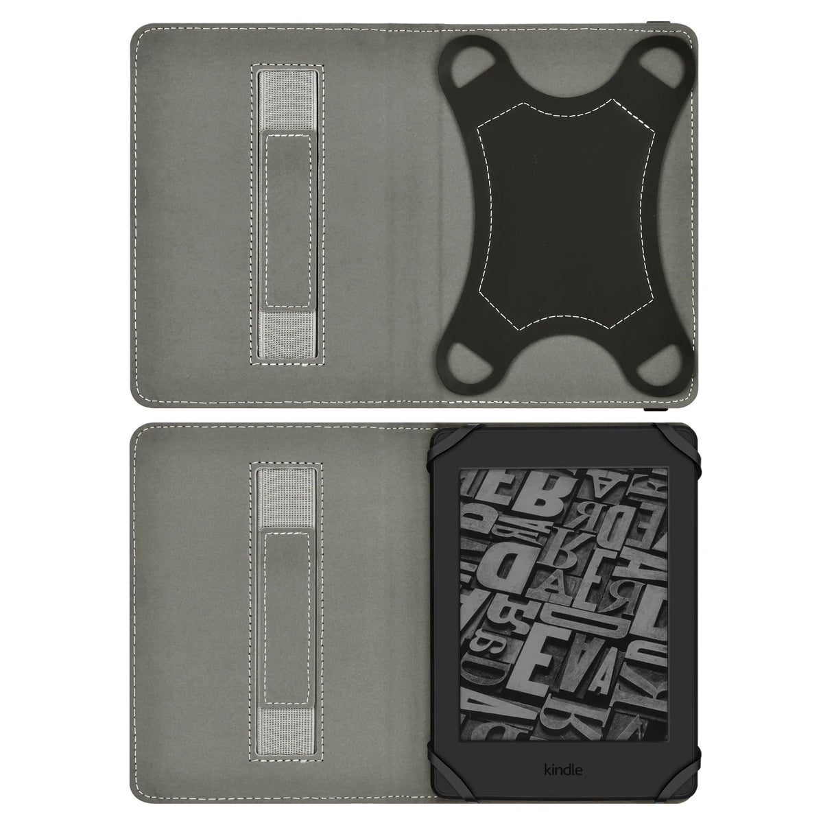 A gray leather-like case with a strap for an e-reader, shown next to the device.
