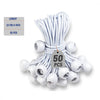 A bundle of 50 white ball bungee cords, 10 cm or 4 inch long, for camping and tarps.