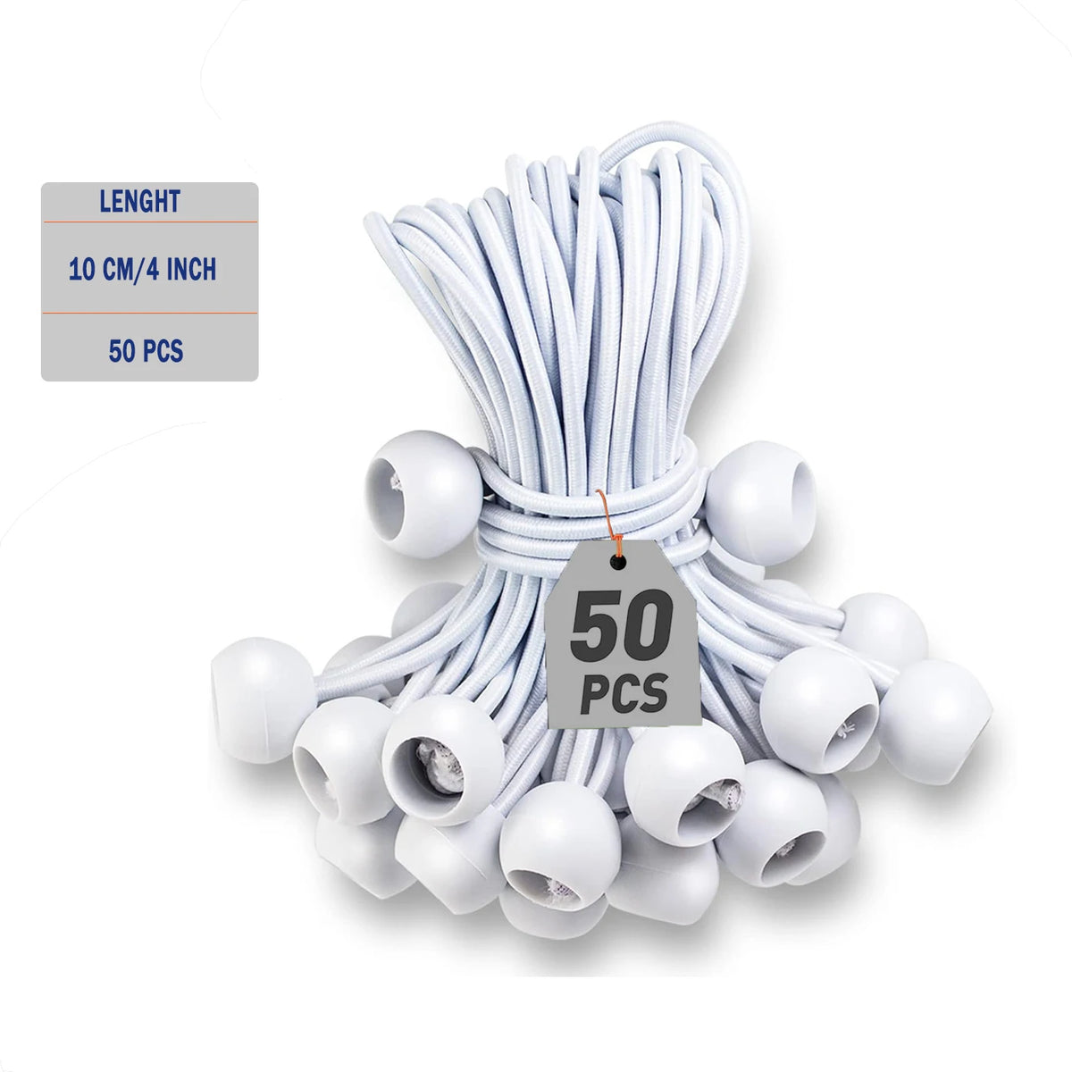 A bundle of 50 white ball bungee cords, 10 cm or 4 inch long, for camping and tarps.