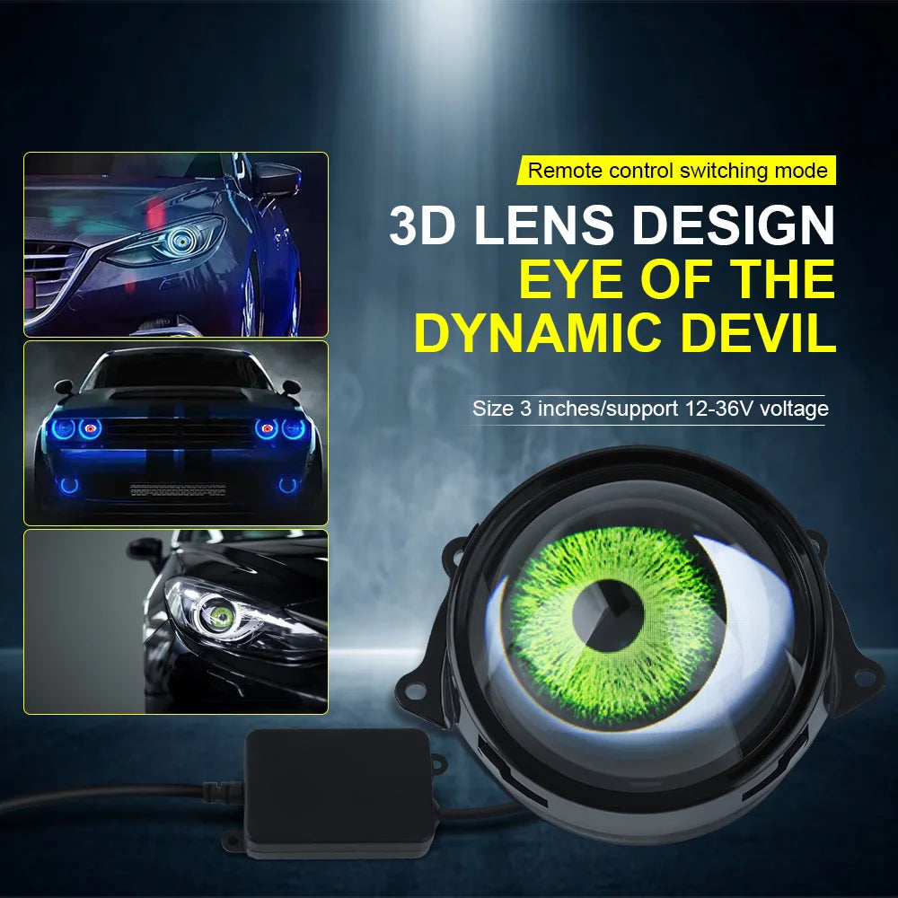 A 3-inch LED Devil Eye headlight module with a remote control switch and power cable.