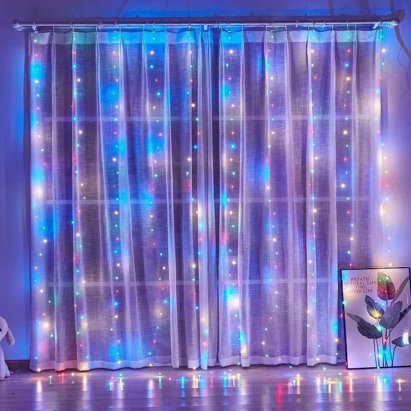 Purple sheer curtain illuminated with scattered blue and white LED lights for decor