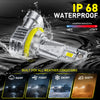 A pair of silver LED headlight bulbs being tested for waterproof performance in various weather conditions.