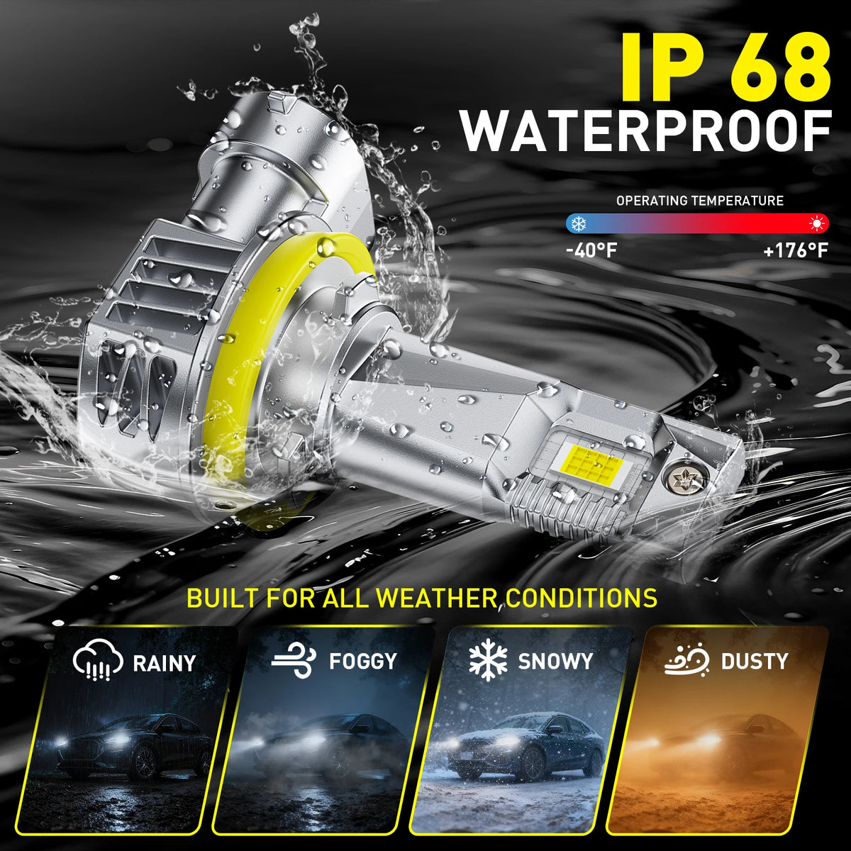 A pair of silver LED headlight bulbs being tested for waterproof performance in various weather conditions.
