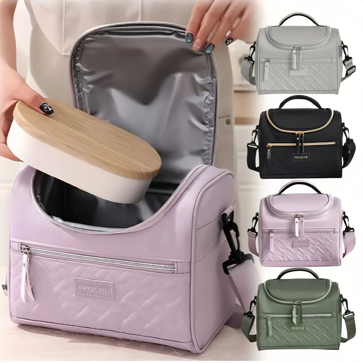 Colección de loncheras aisladas moradas y verdes con tapa de madera rosa y correas acolchadas para el hombro.