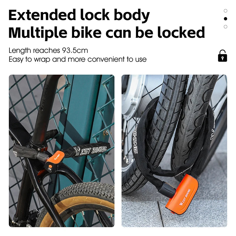 Orange lock body extended to reach 93.5cm for securing a bicycle with multiple keys