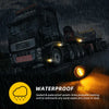 LED side marker lights for trucks and trailers shown in a dark, rainy setting.