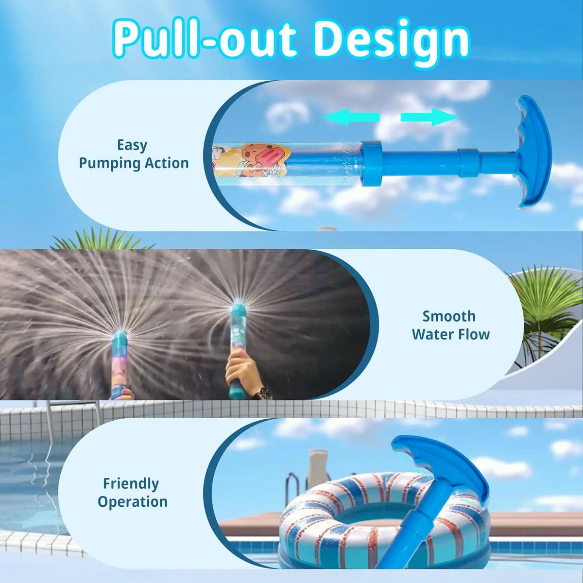 A pull-out water blaster toy with a blue nozzle is shown spraying a smooth stream of water into a pool.