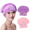 A woman is modeling a purple microfibre hair towel wrap with a bowknot, alongside separate purple and pink versions.