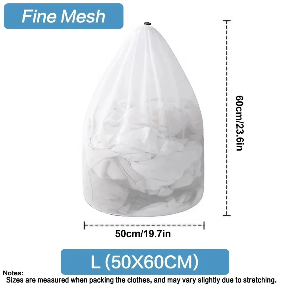A white fine mesh laundry bag with a drawstring, shown from the top, measuring 50cm by 60cm.