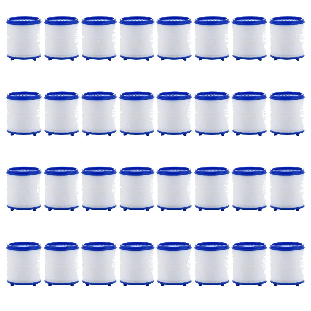 A set of white and blue 360° rotating kitchen faucet water filters with splash guards.