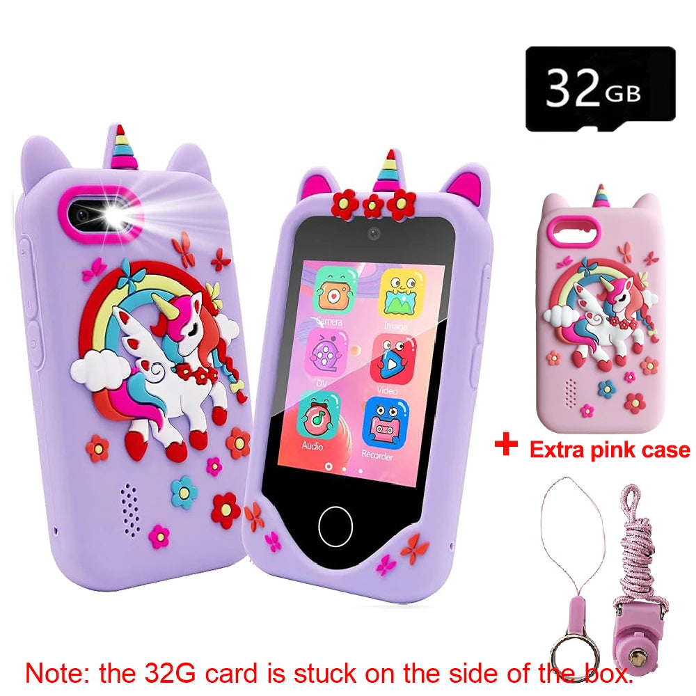 A purple kids smart phone toy with a pink case and a 32GB memory card is shown.
