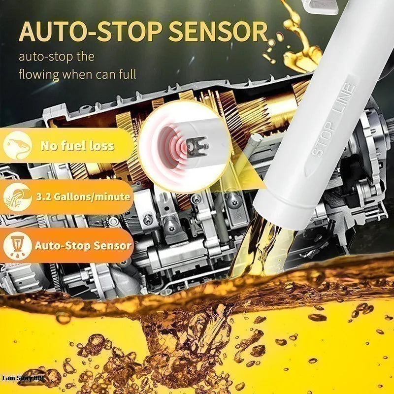 A white auto-stop sensor pump is shown transferring yellow fuel into a container.