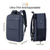 A dark blue ultra-thin and expandable laptop backpack shown from the front and side views.