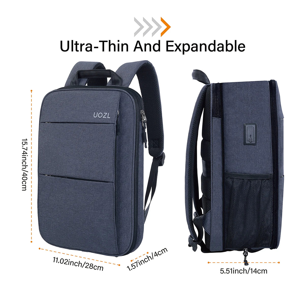 A dark blue ultra-thin and expandable laptop backpack shown from the front and side views.