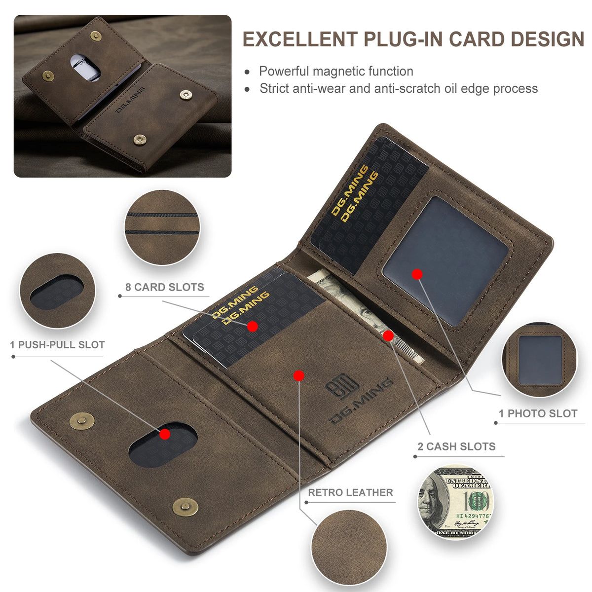 Vintage Leather Trifold Wallet with Magnetic Closure