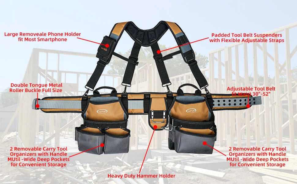 Heavy-Duty Carpenter Tool Belt with Suspenders and Pouch Set
