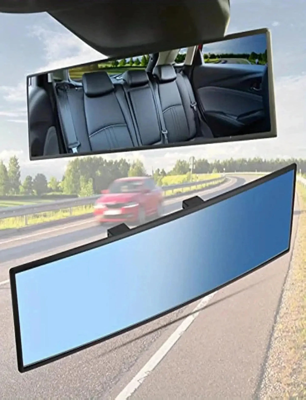 Wide angle convex car interior rear view mirror showing a vehicle driving on a road.