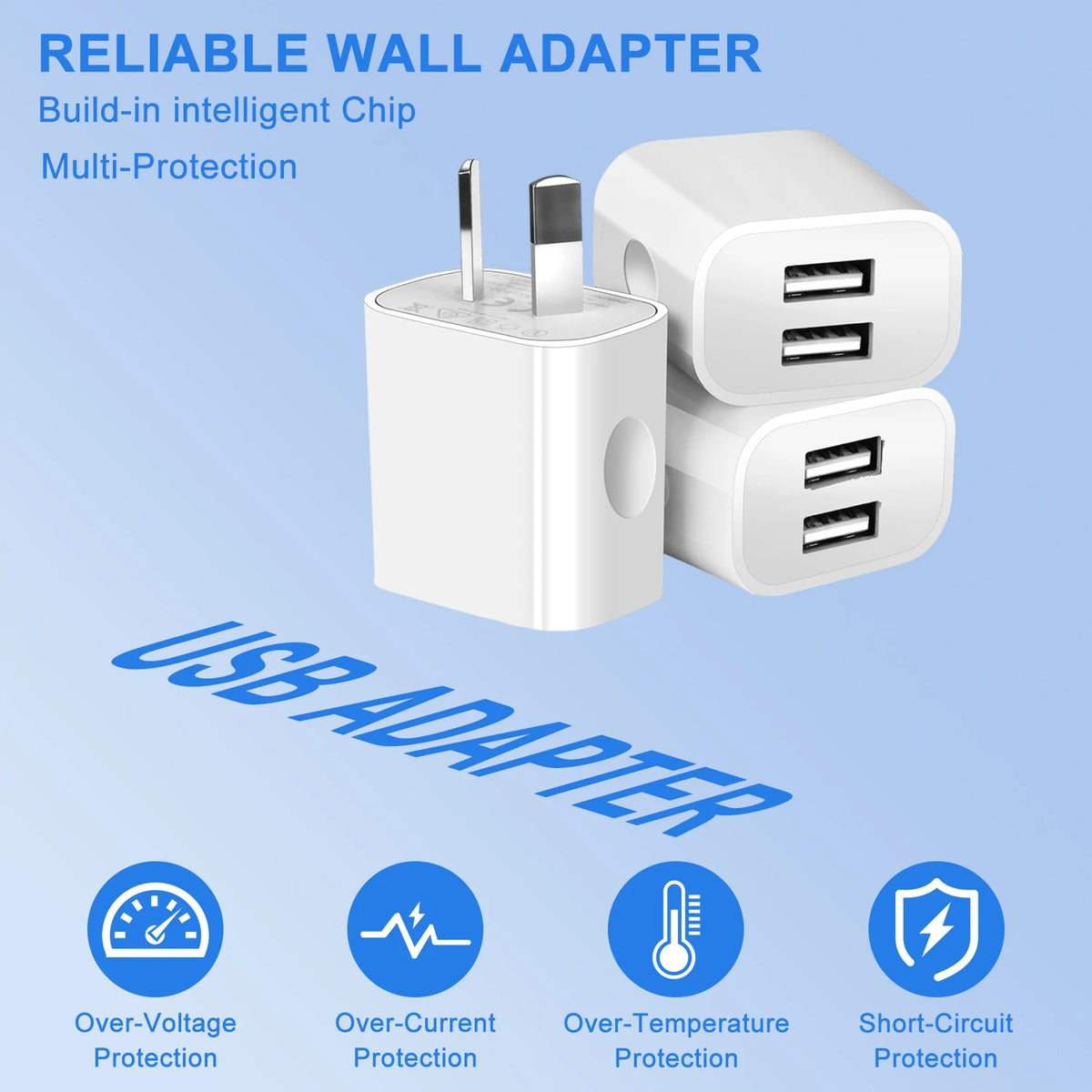 White wall adapter featuring a build-in intelligent chip and multi-protection features for USB charging.