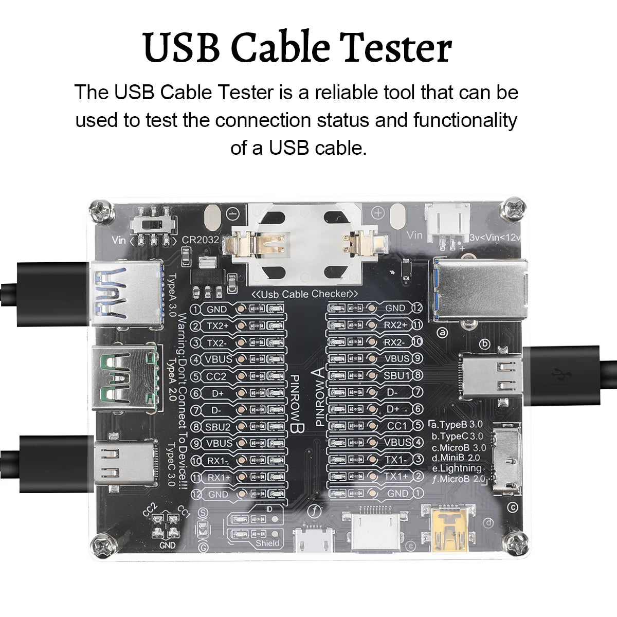 A compact USB Cable Tester board with multiple connectors for testing cable connection status and functionality.