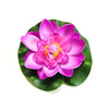 A vibrant pink lotus flower with green leaves floating on white background.