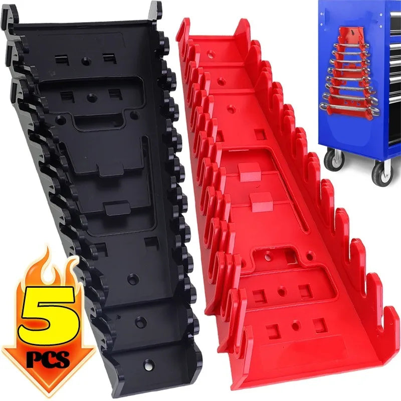 A set of black and red heavy-duty ABS wrench organizer trays with multi-slot storage racks.