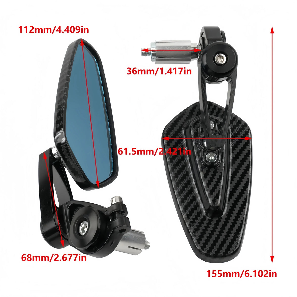 Carbon fiber motorcycle rearview mirrors with blue lenses and aluminum alloy mounting.