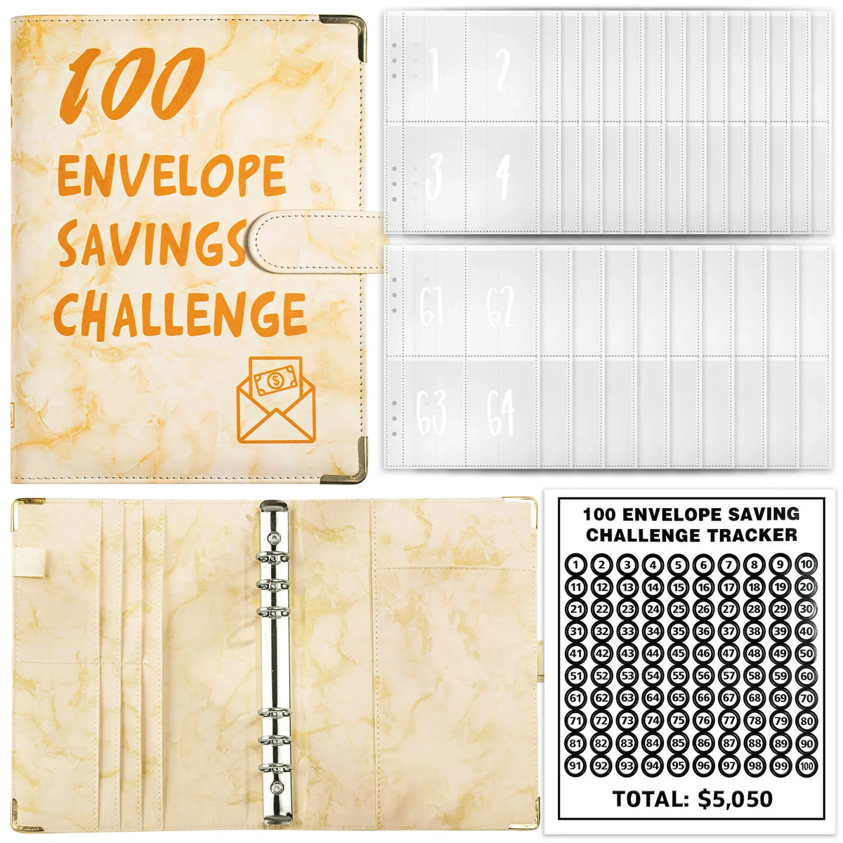 Marble A5 Savings Challenge Binder with 100 Cash Envelopes