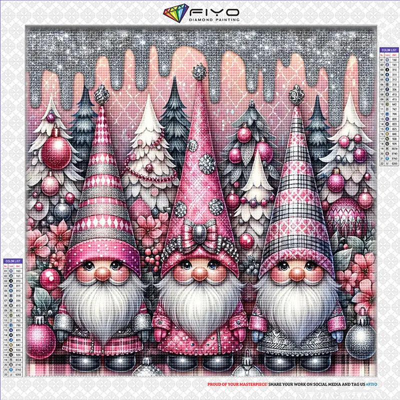 Kit de peinture de diamants avec un gnome mosaïque de Noël dans des tons rose et gris.
