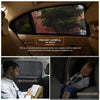 A car side window sunshade with mosquito mesh is shown preventing harmful UV rays and mosquitoes inside the vehicle.