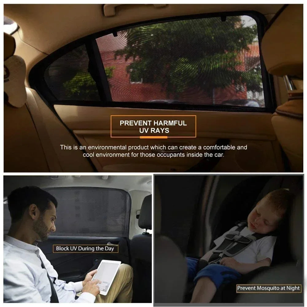 A car side window sunshade with mosquito mesh is shown preventing harmful UV rays and mosquitoes inside the vehicle.